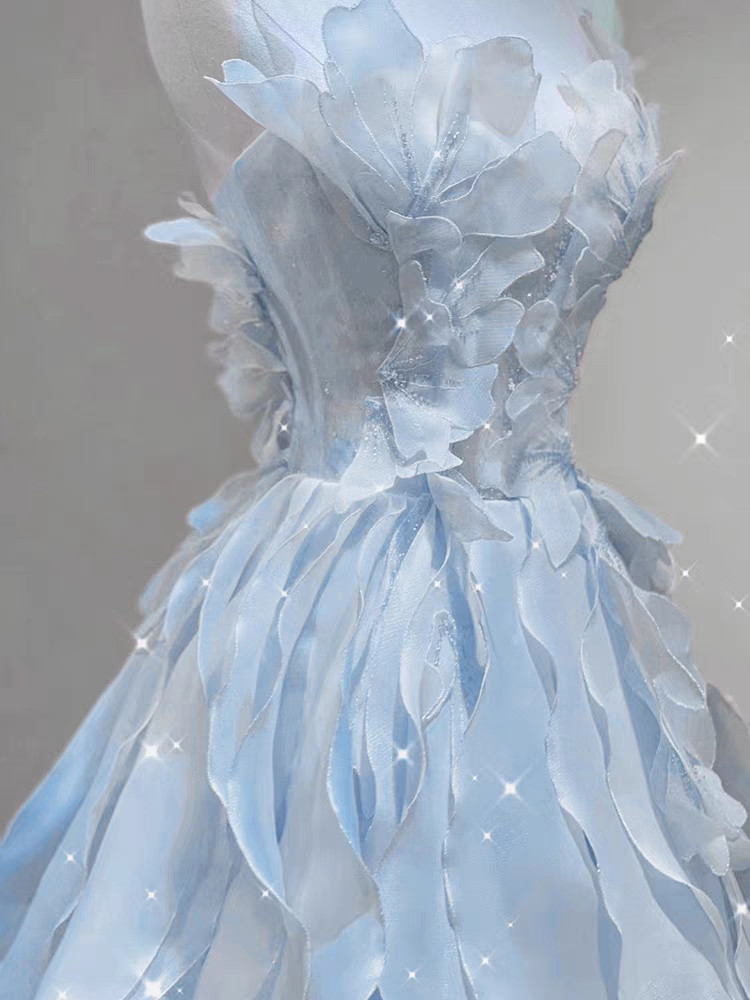 Blue tulle prom dress with dimensional floral appliques and sparkling details