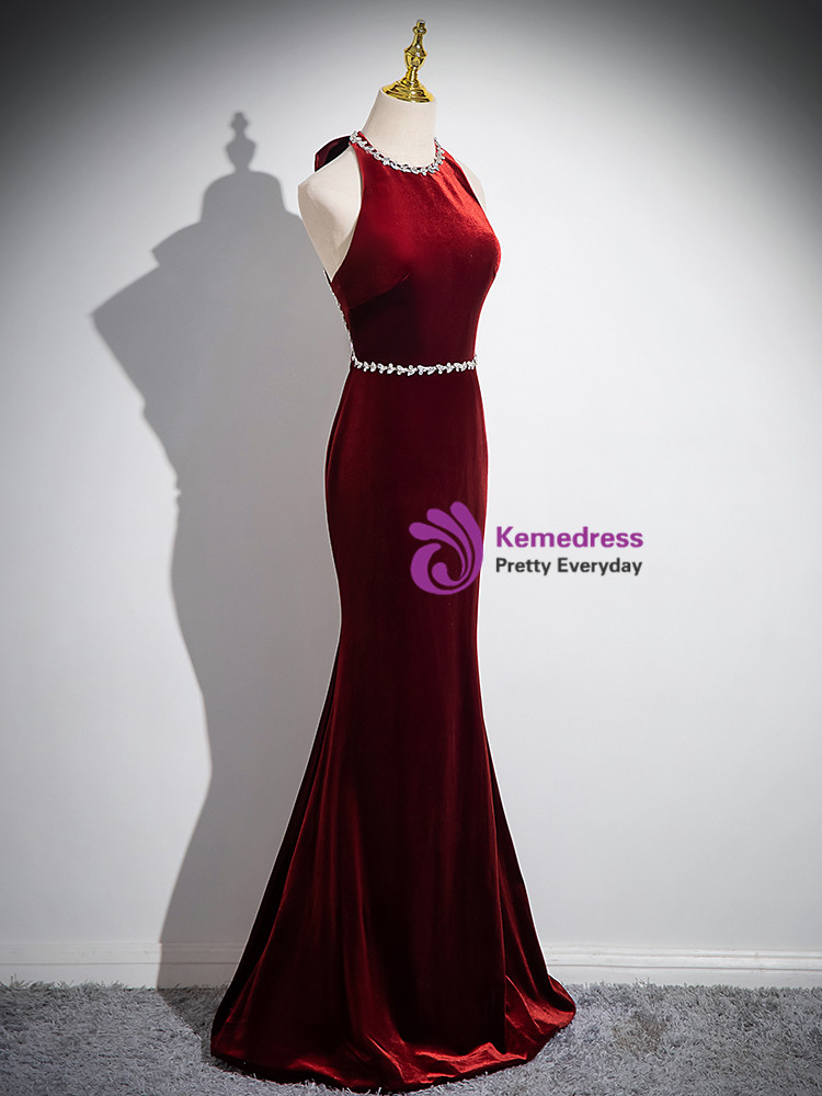 V Neck Trumpet Mermaid Satin Backless Burgundy Prom Dress