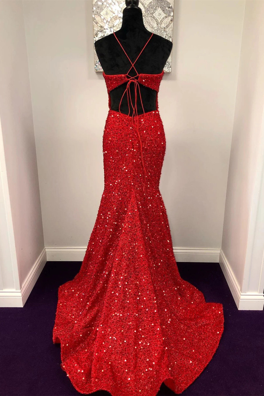 Red Mermaid Halter Long Evening Dress, Red Backless Formal Dress Prom Dress
