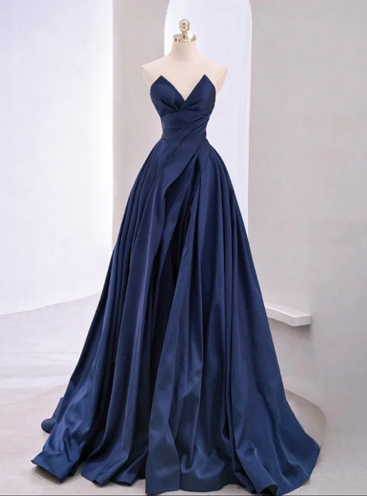 Midnight blue satin strapless A line prom dress