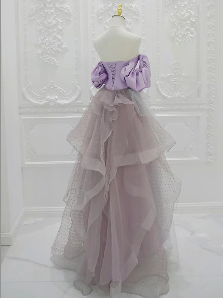 Tulle A Line Purple Off The Shoulder Prom Dress With Belt