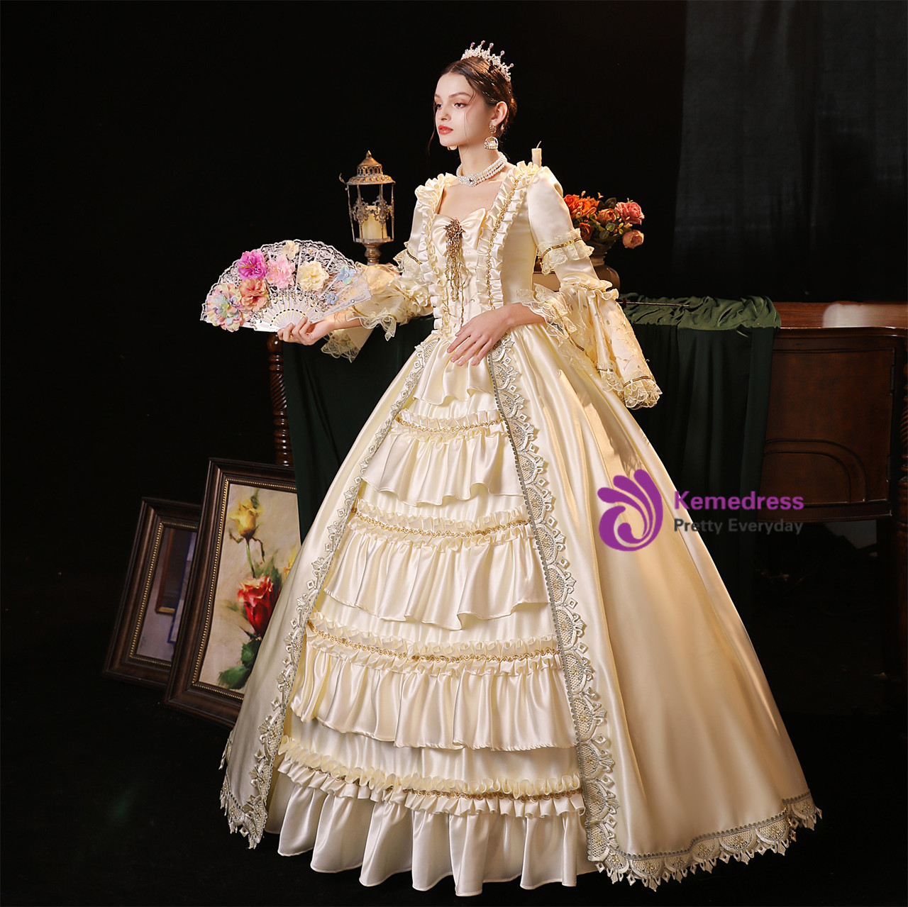 Champagne Satin Lace Long Sleeve Rococo Masquerade Dress