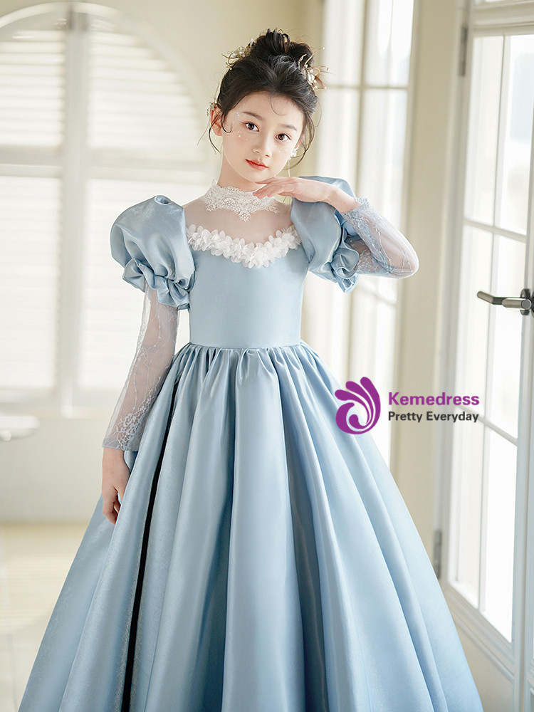 Off-the-shoulder Satin Long Flower Girl Dress with Bow Sky Blue