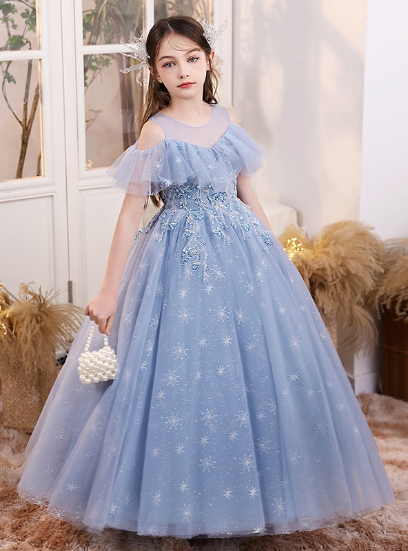 Princess Blue Tulle Sequins Beading Flower Girl Dress