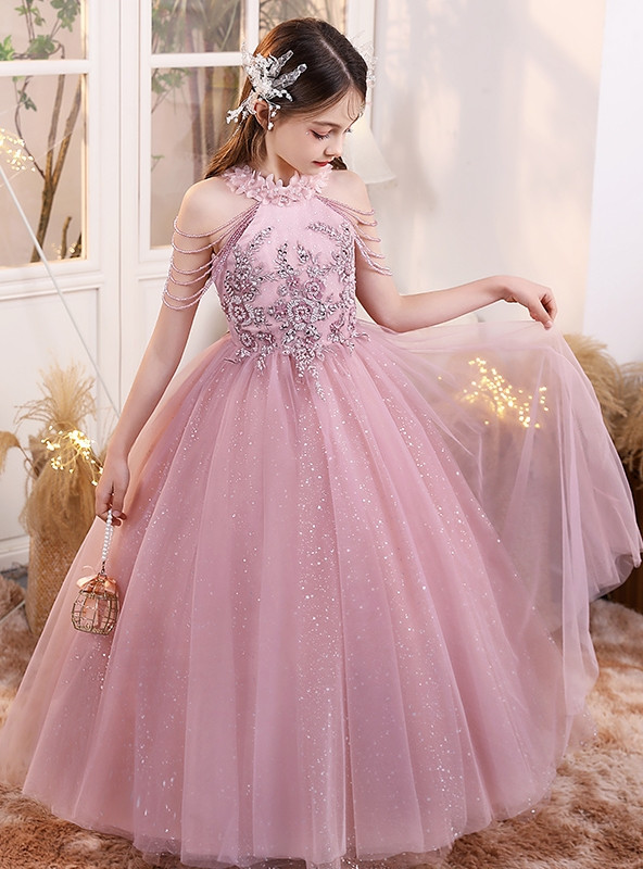 Blush Pink Sparkly Tulle Flower Girl Dress with Beaded Bodice