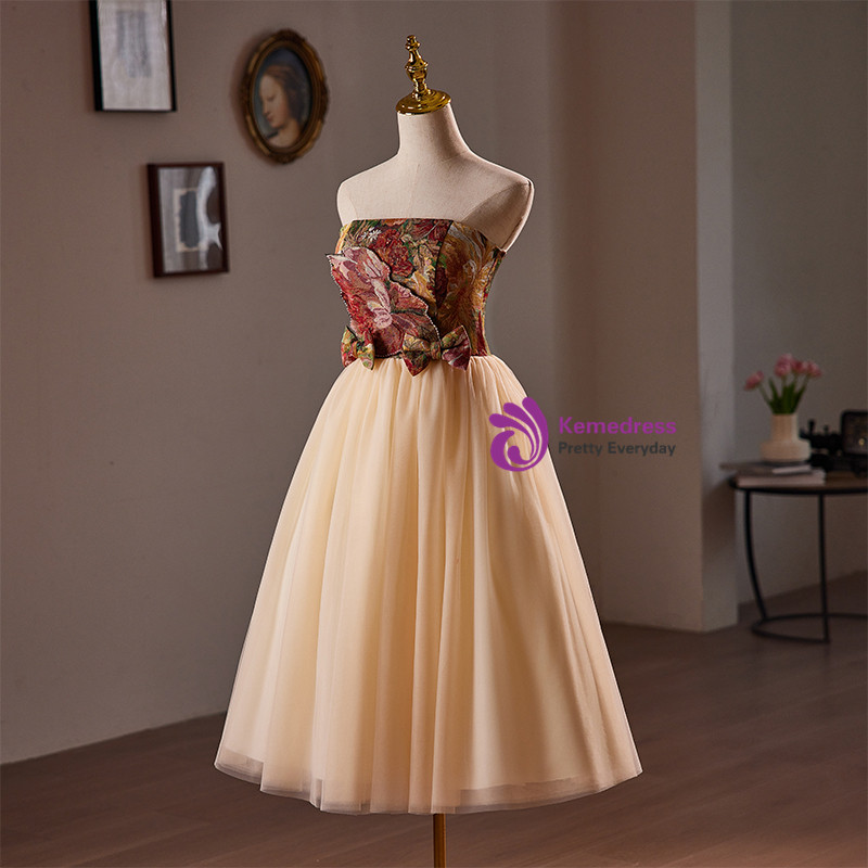 Flamingo Dot Tulle Marie Sleeves Tea Length Prom Homecoming Dress main image 1