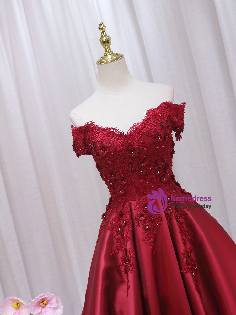 Burgundy A-line Off The Shoulder Applique Prom Gown JTE120