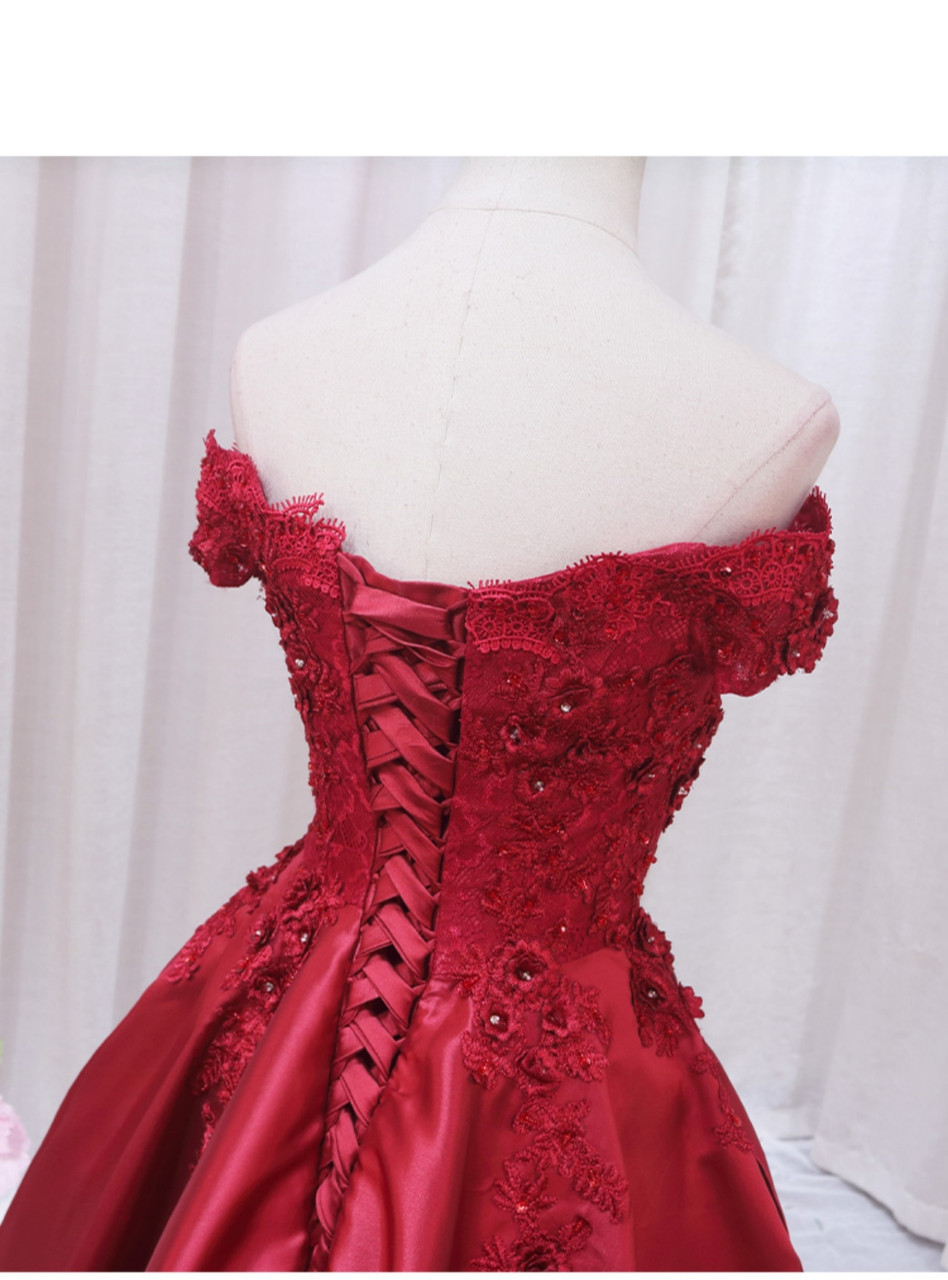 Elegant Burgundy Off Shoulder Satin Shimmer Prom Dress with Ruffled Slit,OLP1775