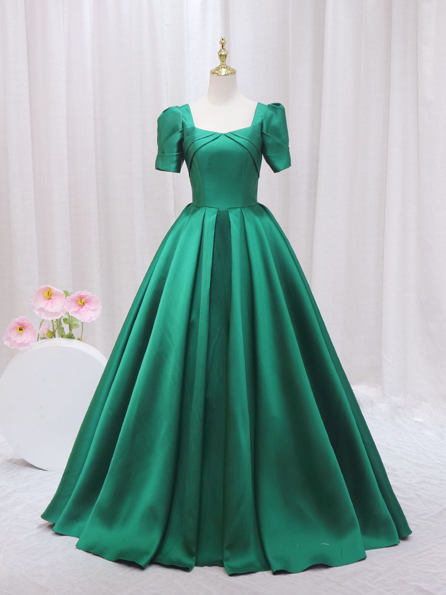 Emerald green satin prom dress with square neckline, short sleeves and full A-line skirt