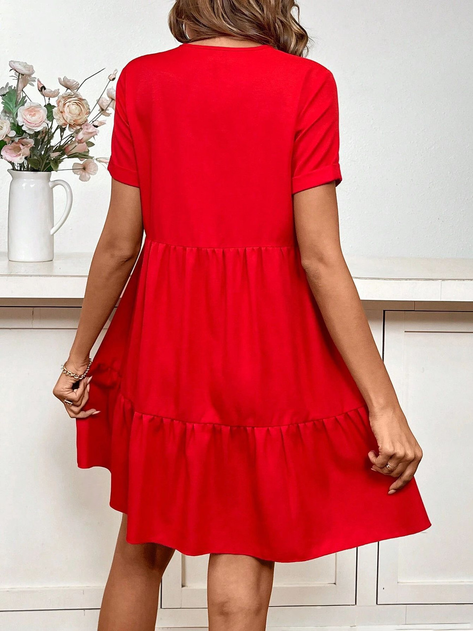 V-neck Casual Loose Short-sleeved Red Dress