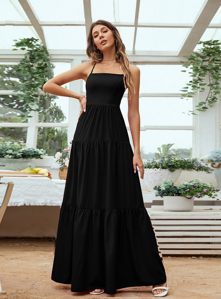 Women Black Big Swing Straps Long Dress
