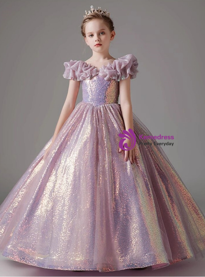 Dusty Blue Ball Gown Flower Girl Dress with Sequins and Ruffles