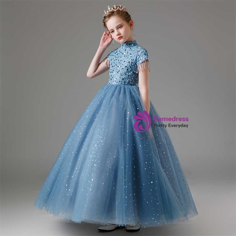 Column Cap Sleeve Jewel Neck Satin Flower Girl Dress with Pleats