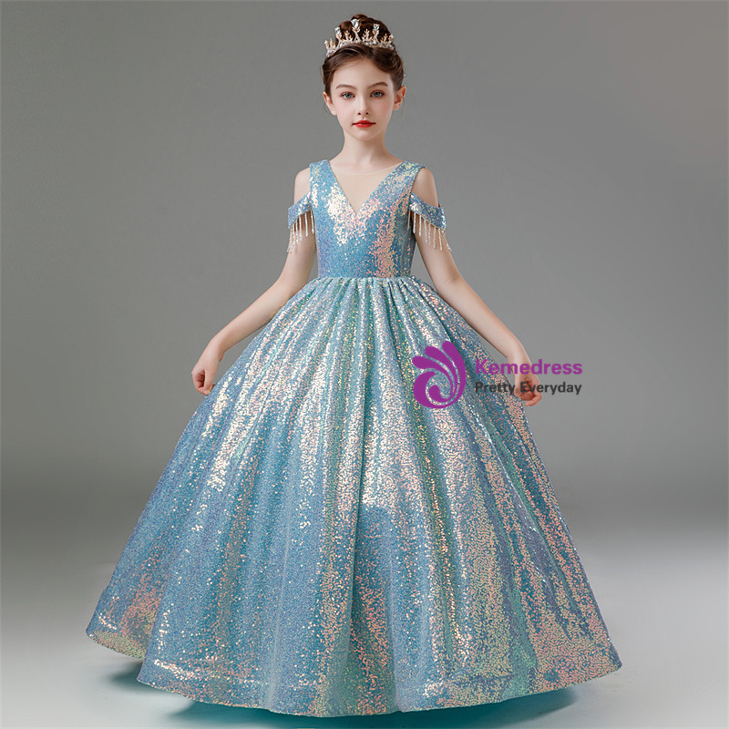 Scoop Neckline V-Back Floor-length Flower Girl Dress Blue
