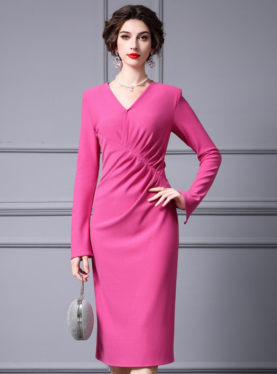 Fuchsia Long Sleeve V-neck Pleats Mother Of The Bride Dress