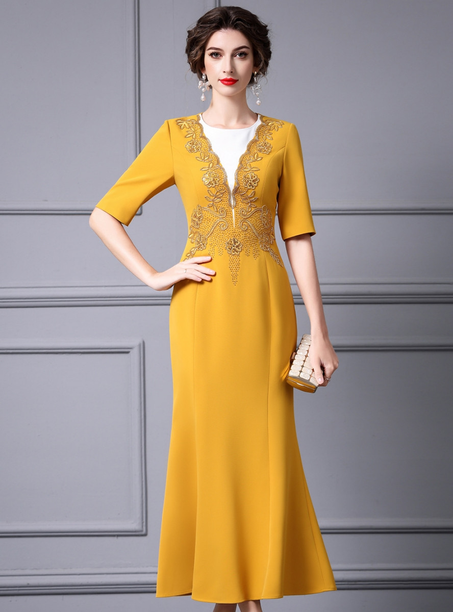 Yellow Short Sleeve Beading Mother Of The Bride Dress