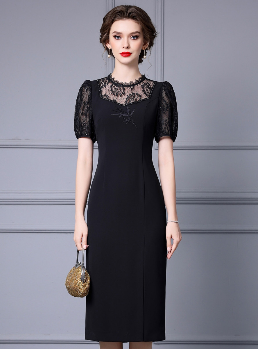 knee length dresses for ladies Berylove Women Lace Black Mother of The Bride Dress Chiffon Ruched One Shoulder Sheath Long Wedding Guest Dress with Cape, Black / US12 main image 1