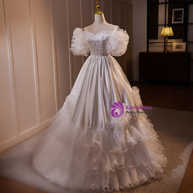 White  Off the Shoulder Puffy Wedding Dress, Floor Length Satin Bridal Dresses cc1156
