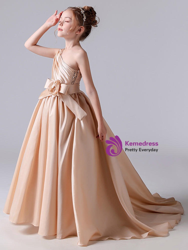 A-Line Satin Pleated Flower Girl Dress Champagne
