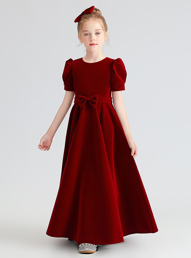 Burgundy Velvet Short Sleeve Flower Girl Dress