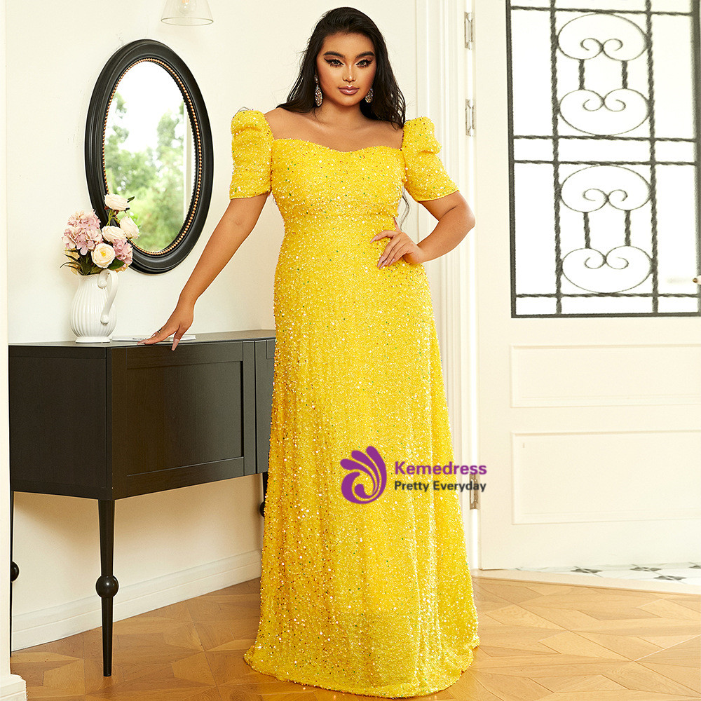 Yellow Sequins Short Sleeve Square Plus Size Prom Dress