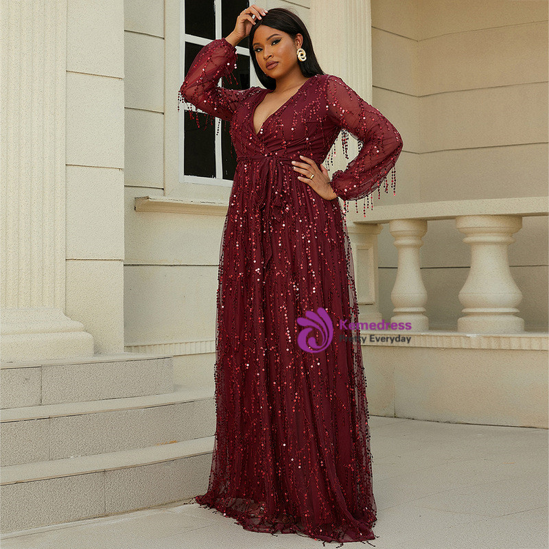 Burgundy Long Sleeve V-neck Sequins Plus Size Prom Dress