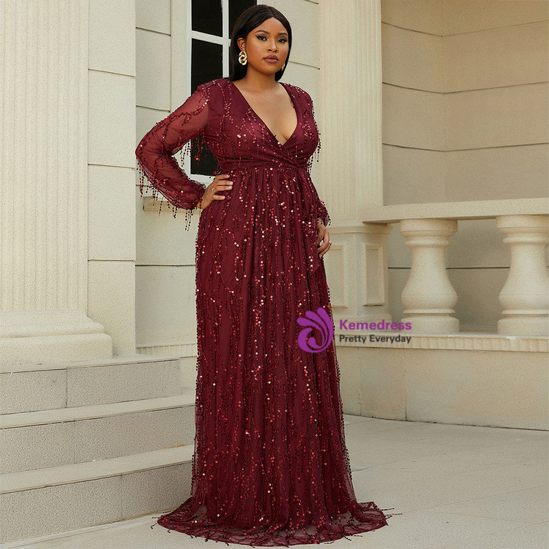 Burgundy Long Sleeve V-neck Sequins Plus Size Prom Dress