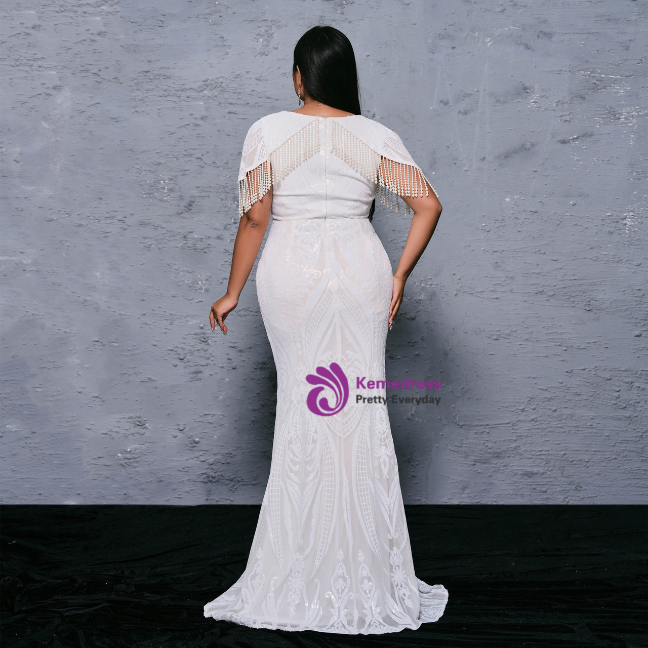 White Mermaid Sequins V-neck Beading Plus Size Prom Dress
