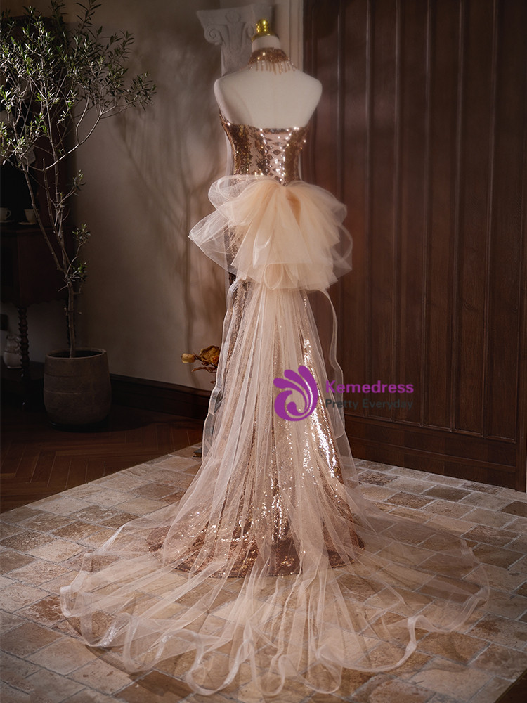 Elegant Sleeves Mermaid Prom Dress With Sequins Beads and Slit main image 1