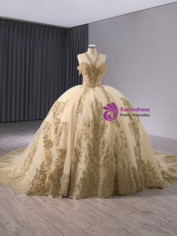 Gold Ball Gown Sequins Halter Pearls Prom Dress