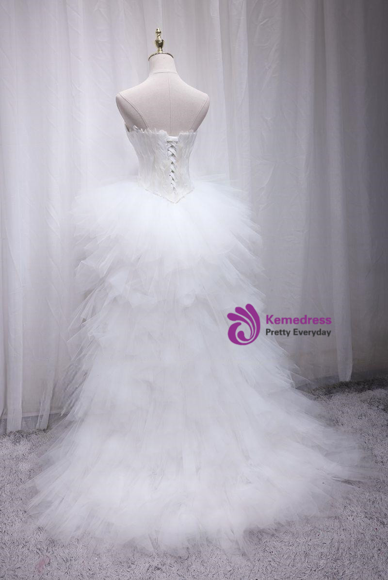 White Tulle Strapless Feather Wedding Dress