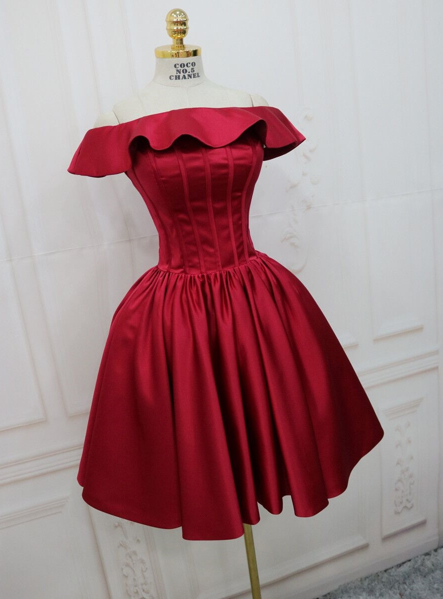 Burgundy Satin A-Line Off-Shoulder Homecoming Prom Cocktail Sleeveless Gown