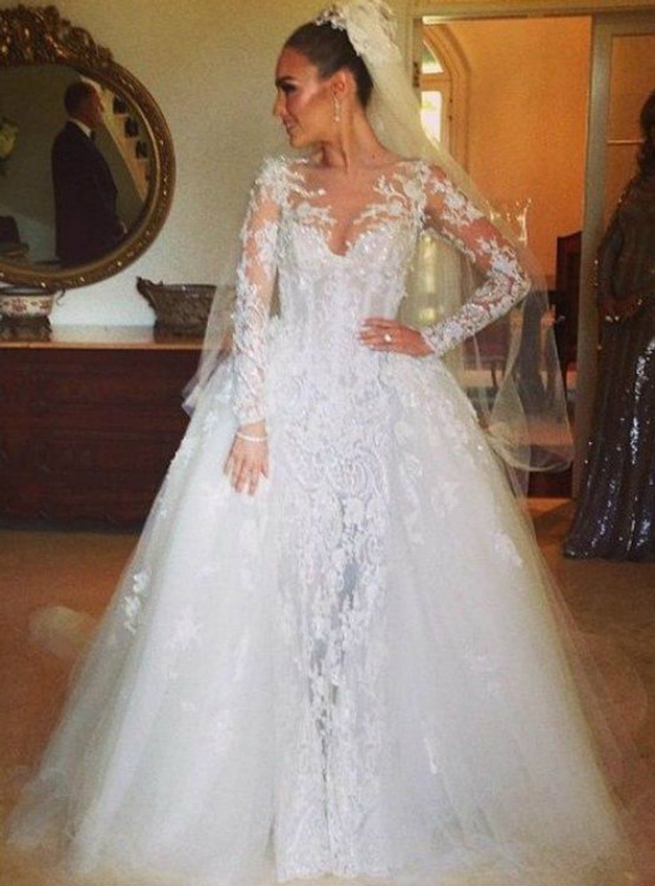 Adorable Sheer Neck Long Sleeves Lace Beaded Wedding Dresses Ball Gown