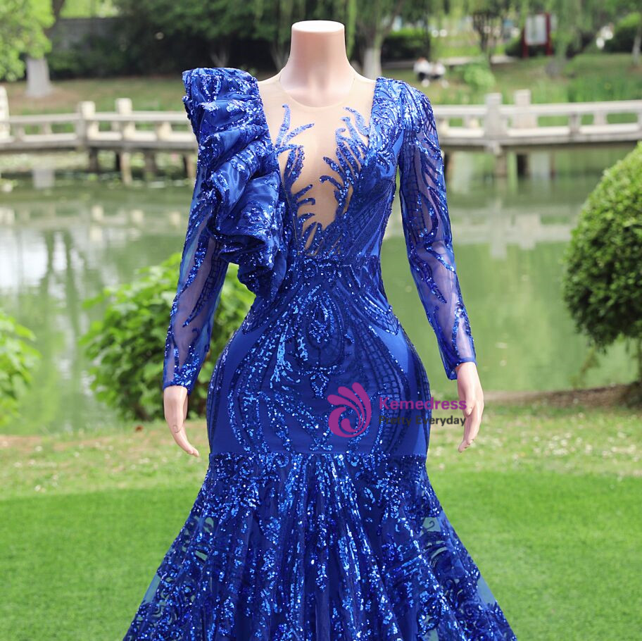 chinese dress ladies Navy Blue Long Sleeves Beaded Lace High Slit Formal Dress-Bridelily main image 1
