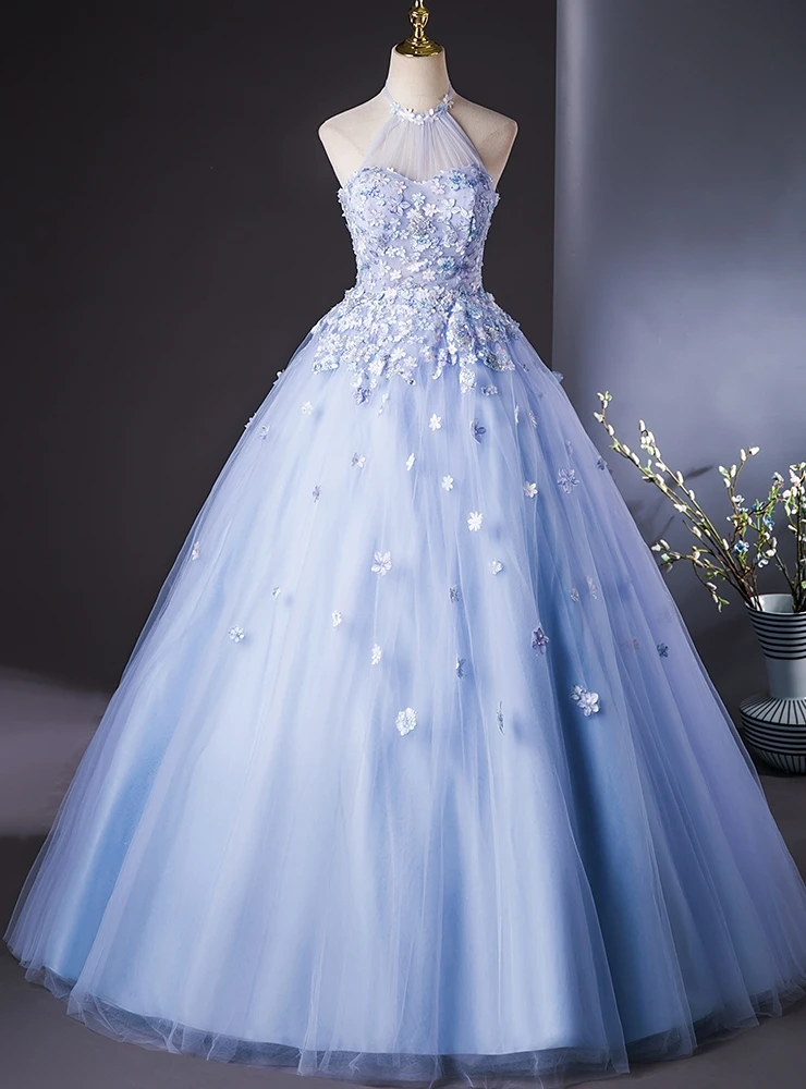 Blue tulle halter neck flower quinceañera ball gown