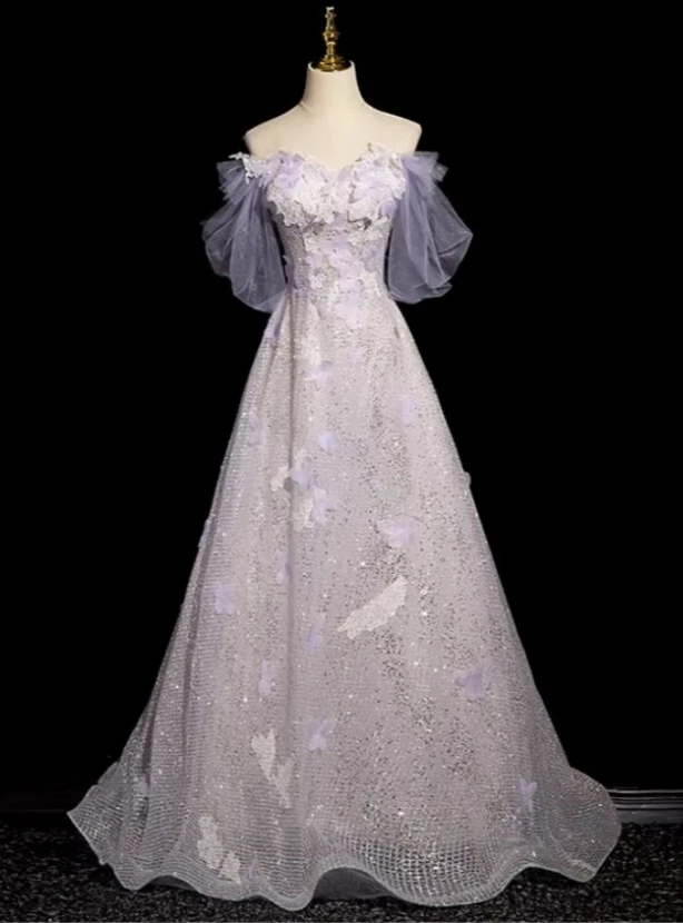 Purple sequin A line prom dress with floral appliques and off shoulder sleeves