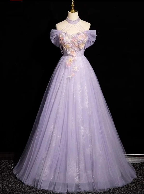 Purple halter tulle prom dress with beading and 3D floral embellishment