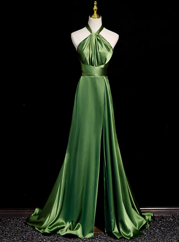 Sexy Green Halter Satin Long Prom Dress Evening Dress Y8431 main image 1