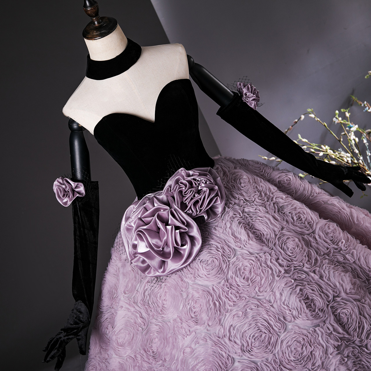 Purple Tulle Flower Black Velvet Quinceanera Dress