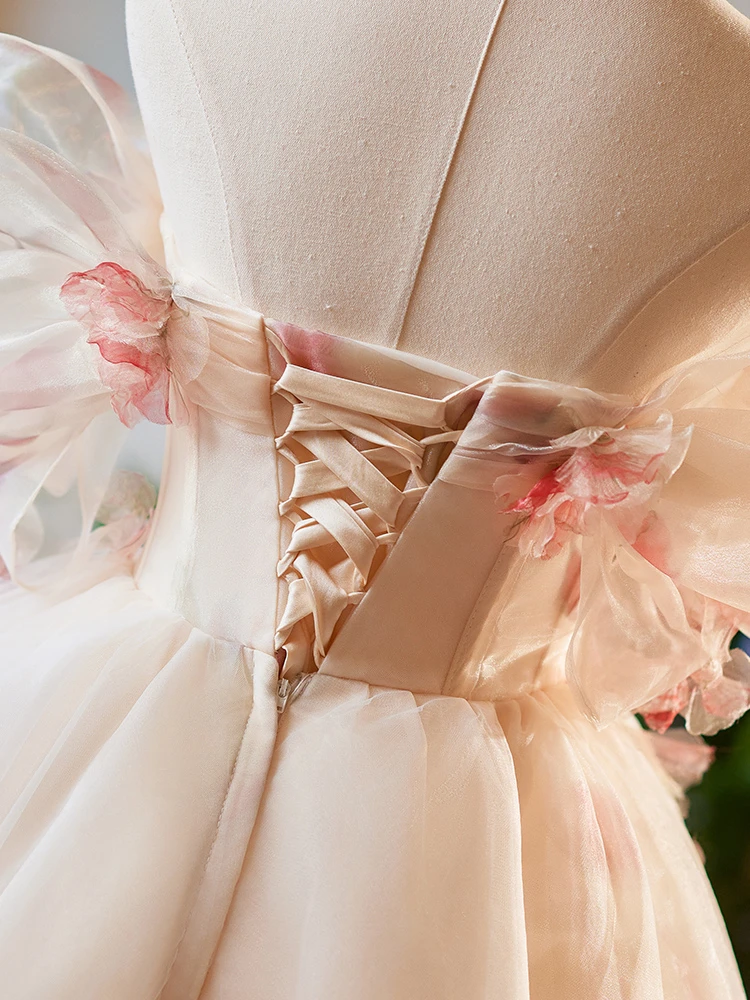 Champagne tulle off the shoulder short homecoming dress with 3D floral appliques