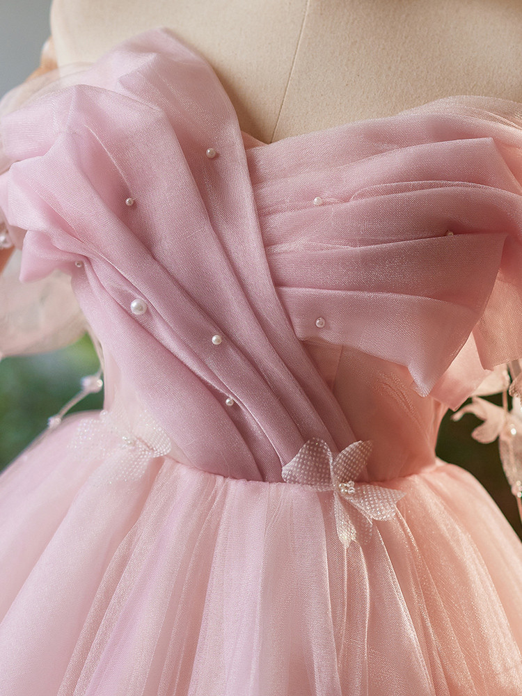 Pink butterfly tulle dress with lace up corset back