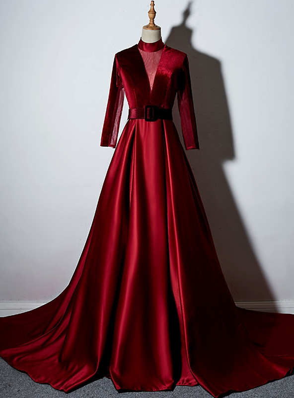 Burgundy velvet high neck long sleeve A-line prom dress