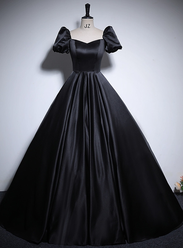 Black Satin Puff Sleeve Square Neck Prom Dress Black Satin Puff Sleeve Square Neck Prom Dress
