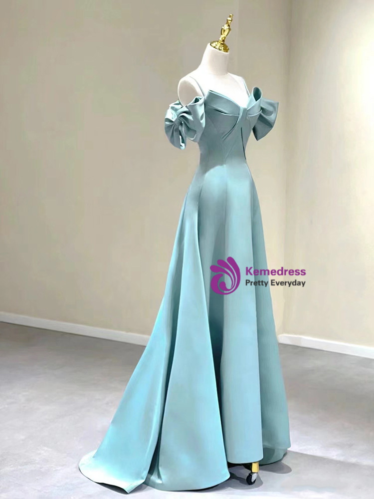 Spaghetti Straps Backless Light Blue Satin Long Prom Dress