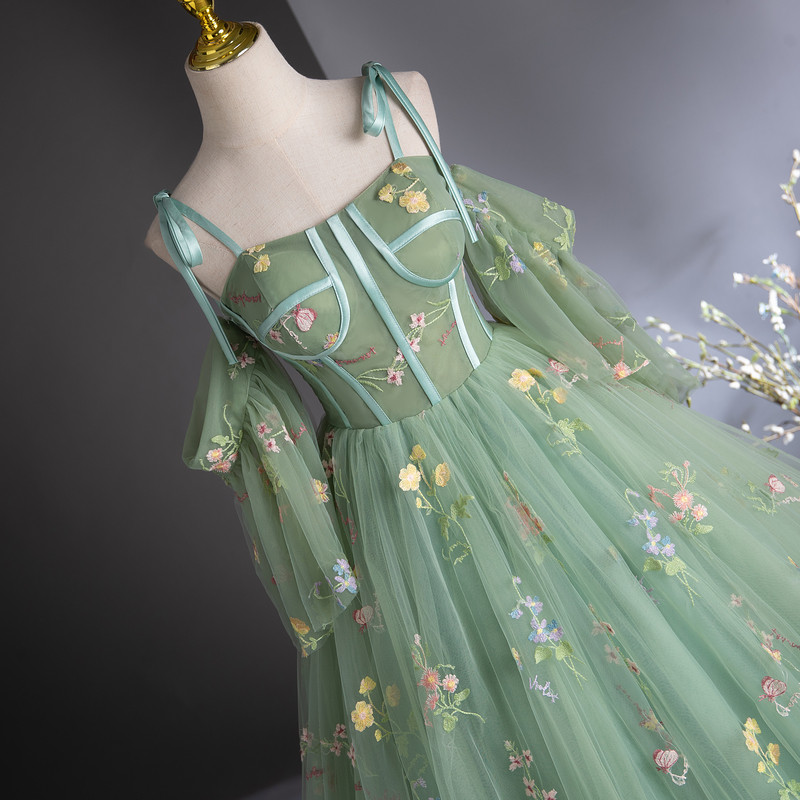 Green tulle embroidered quinceanera dress floral detail