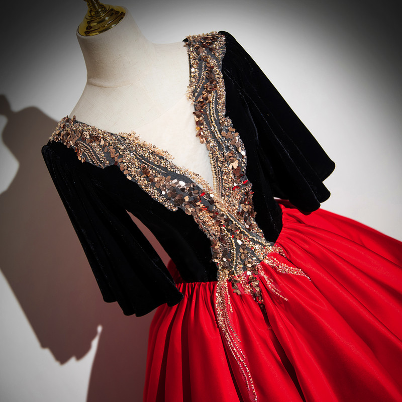 Red Satin Black Velvet Sequins Quinceanera Dress