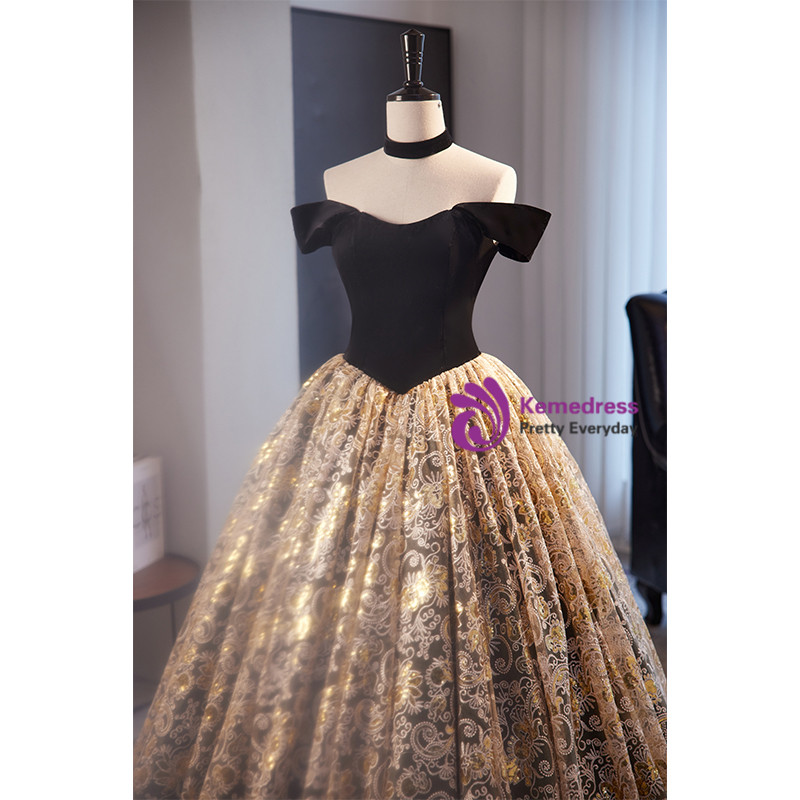 Off Shoulder Sleeveless Gold Sequins Beaded Crystal Dark Green Quinceanera Dress WQ1335
