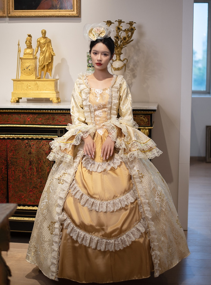 Gold Long Sleeve Lace Rococo Baroque Vintage Dress Gold Long Sleeve Lace Rococo Baroque Vintage Dress