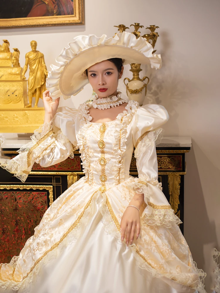 Champagne Rococo Baroque vintage dress lace and gold trim detail