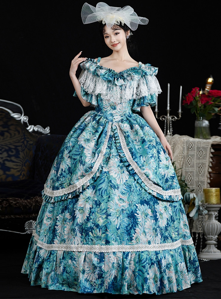Blue Palace Print Lace Baroque Victorian Dress